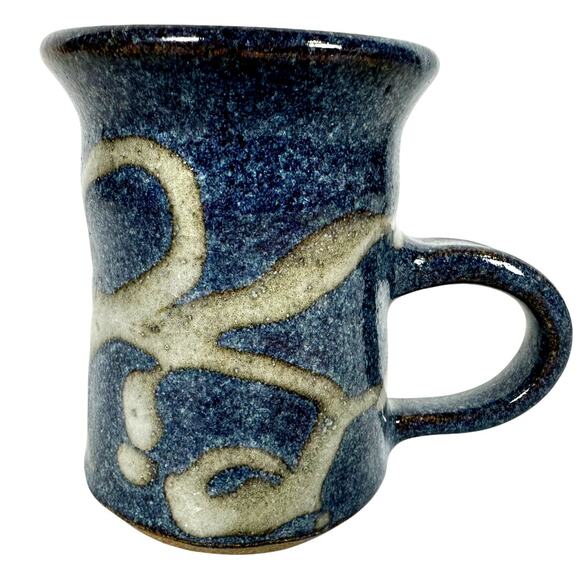 Original Signed By Artist Other - Hand Crafted Artist Signed Pottery Blue Gray Abstract Coffee Mug Unique Handle!